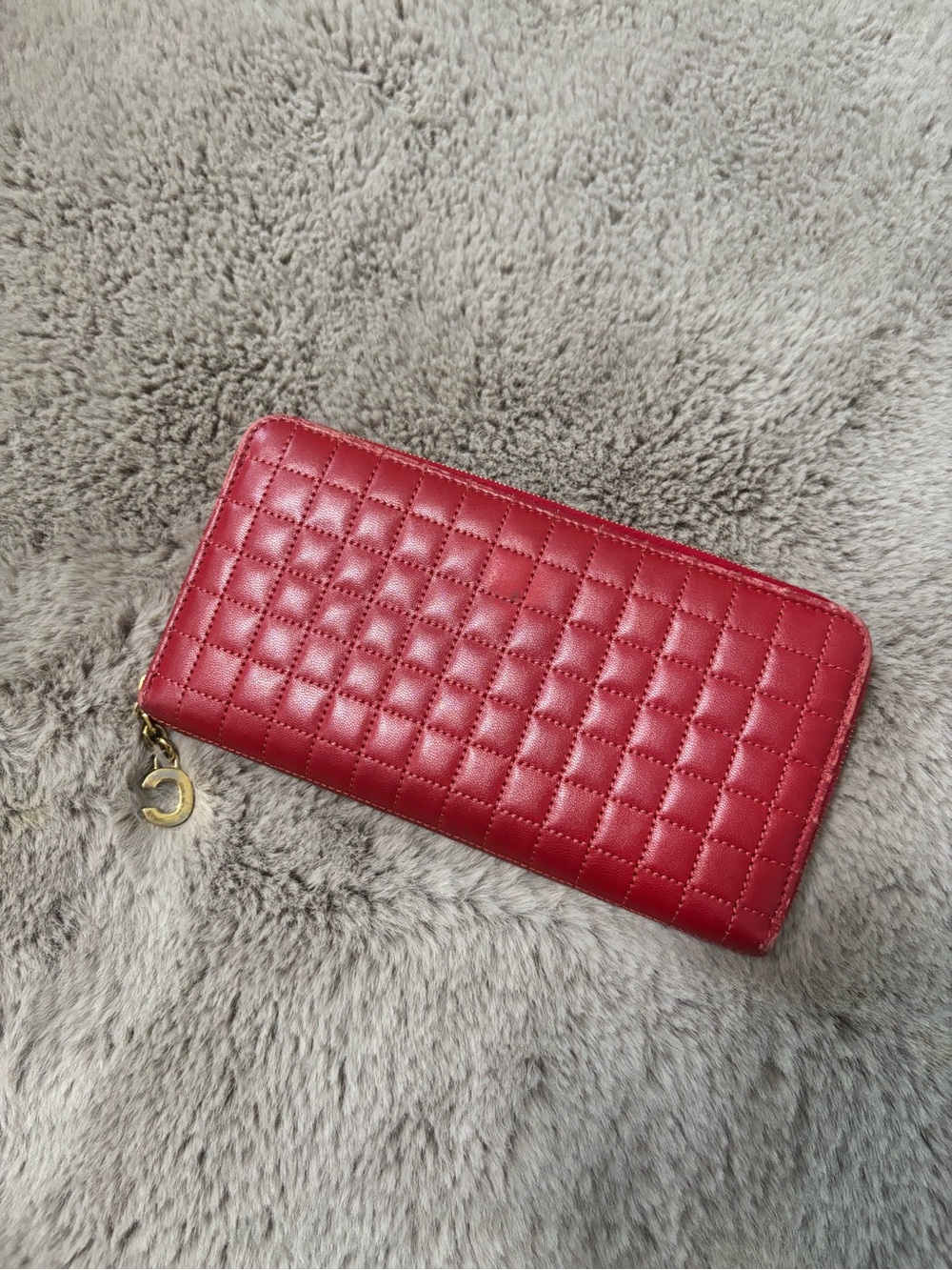 Celine Red Quilted Lambskin Zip Wallet with C Charm